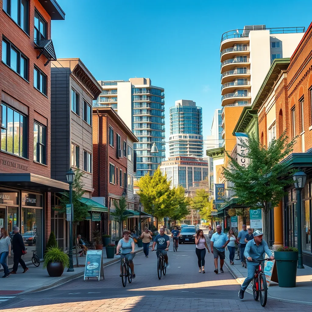 A photorealistic image showcasing a vibrant street scene in a bustling Edmonton neighborhood. The image should feature a mix of architectural styles, including modern condos, historic houses, and charming shops. There should be people walking, biking, and enjoying the outdoors, creating a lively and inviting atmosphere.