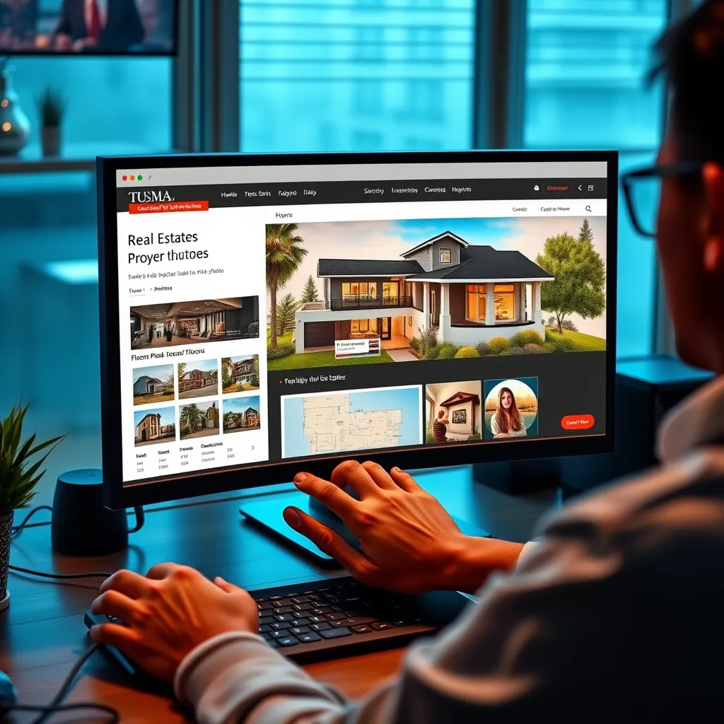 A photorealistic image showing a person using a computer to browse a real estate website, displaying a property listing with high-quality photos, floor plans, and detailed information about the home. The image should highlight the convenience and accessibility of online real estate resources.