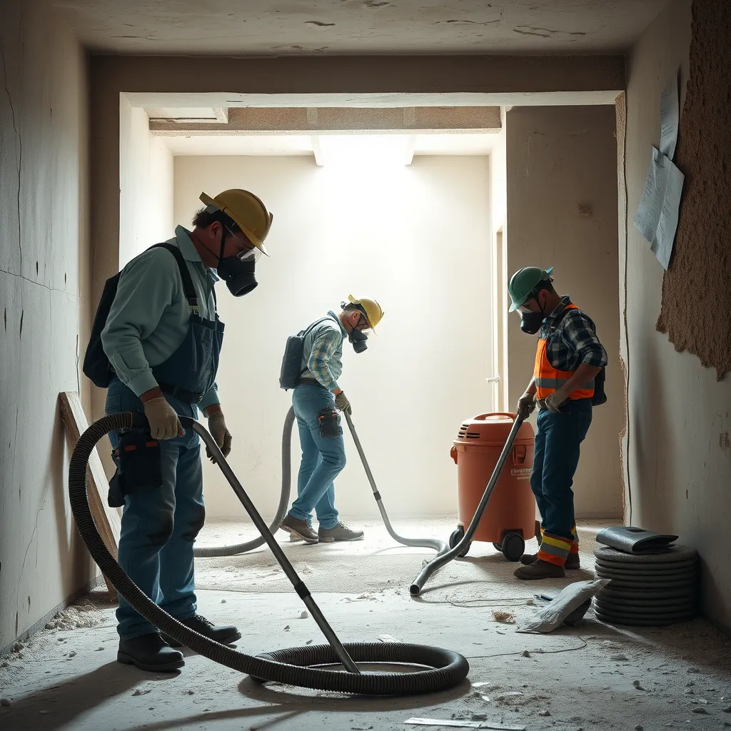 A picture showcasing the meticulous and clean approach to drywall and stucco removal. The image should depict workers wearing dust masks and using vacuum cleaners to minimize dust and debris during the removal process. The surroundings should be tidy and organized, highlighting the commitment to leaving the worksite clean and safe.