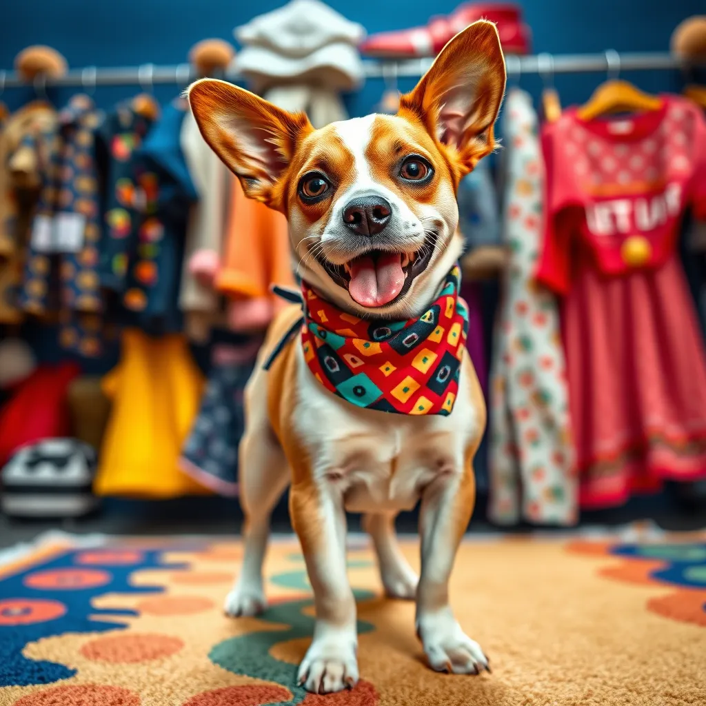 A playful image of a dog wearing a stylish and colorful bandana, standing on a colorful rug with a  background of various trendy pet clothing items displayed on a rack. The image should convey a sense of fun and fashion for pets.