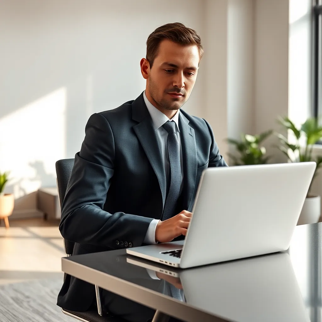 A professional accountant, dressed in a sharp suit, sits at a modern desk with a laptop open to a tax preparation software. The room is well-lit with natural light coming in from a large window. The accountant has a relaxed, confident expression, and their hands are poised over the keyboard. The background is a minimalist office space with sleek furniture and plants, giving a sense of professionalism and organization. The image should be captured from a slightly elevated perspective, emphasizing the accountant's focused gaze and the intricate details of the tax software on the screen. Render in 8K resolution with hyperrealistic detail, capturing the texture of the fabric, the shine of the laptop screen, and the natural light illuminating the scene. Aim for a balanced composition with a subtle color palette of neutral grays and blues, reflecting a sense of reliability and expertise. The overall mood should be one of calm confidence and professional competence.