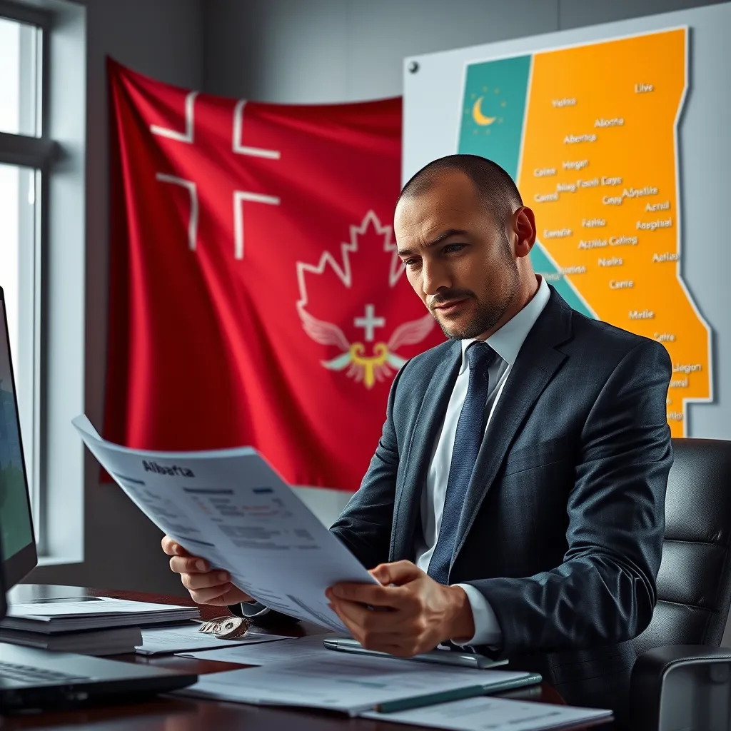 A professional accountant reviewing financial documents with Alberta's provincial flag in the background, while a map of Alberta with highlighted areas indicating oil and gas fields, agricultural regions, and major cities is displayed on the wall.