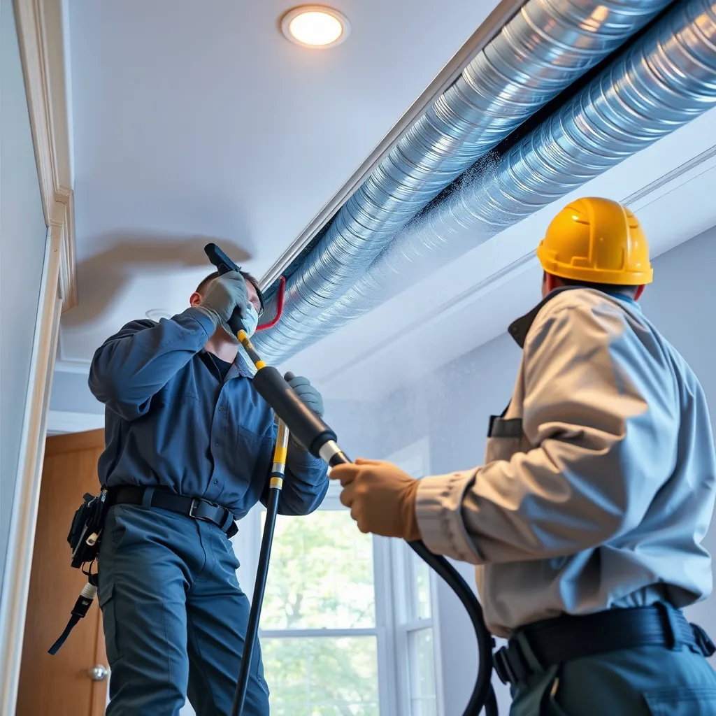 A professional duct cleaning crew working on a residential home, cleaning the air ducts using specialized tools and equipment. The image should emphasize the meticulous and thorough cleaning process, ensuring a clean and healthy home environment. 