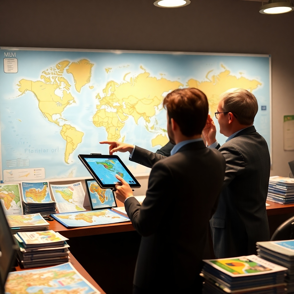 A professional travel agent consulting with a client over a desk filled with maps and brochures. A world map in the background highlights various destinations. The agent is pointing at suggested travel routes on a tablet, showcasing a friendly atmosphere.