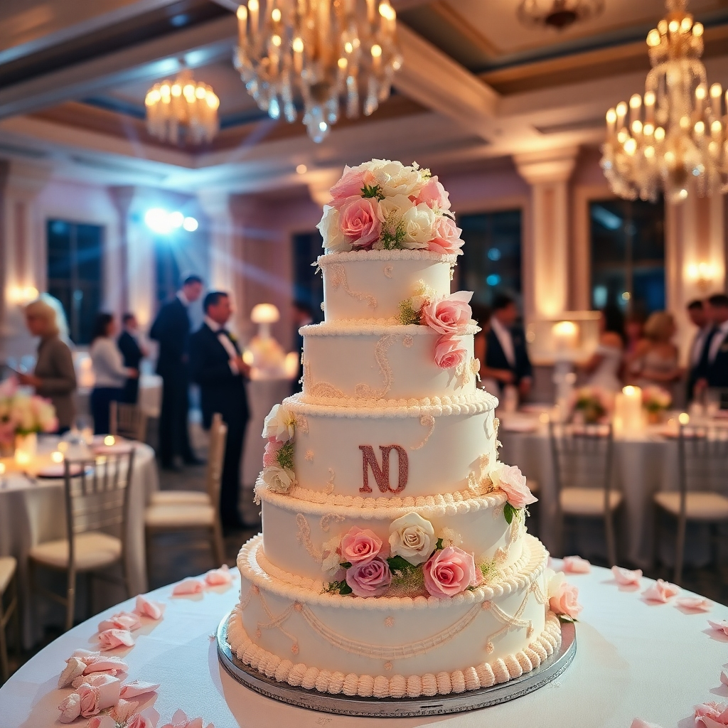 A romantic image of a magnificent wedding cake at a beautifully decorated reception venue. The cake is adorned with delicate floral details and intricate decorations that reflect the couple's theme. The lighting is soft and magical, creating a dreamy atmosphere. The background includes elegant table settings and joyful guests, enhancing the celebratory feel. The camera angle captures both the cake and the surrounding details in a harmonious composition. Style references include romantic weddings. Technical specs should include high resolution to capture the elegance.