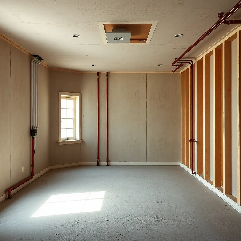 A room is being prepped for renovation.  The walls are bare, and there are new electrical and plumbing pipes showing. The image should be taken from a wide-angle perspective, showing the clean and open space ready for new construction.