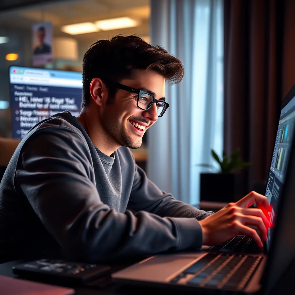 A scene depicting a user browsing a website with a high number of high-quality backlinks. The user should be smiling and interacting with the website content, showcasing a positive user experience.