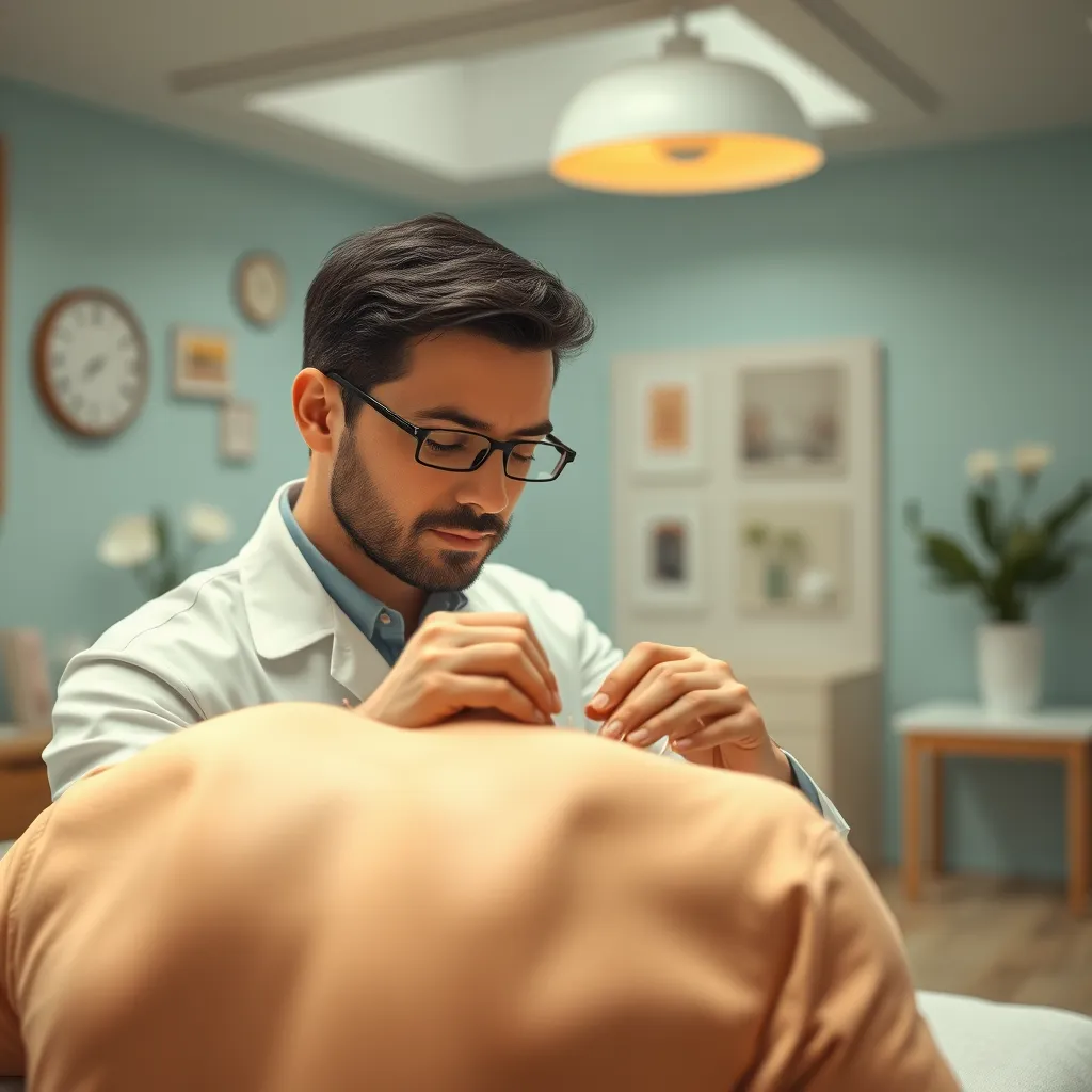 A serene acupuncture clinic with a practitioner gently inserting needles into a patient's back. The room is filled with natural light, calming colors, and soft music. The practitioner is wearing a white coat and the patient is relaxed with their eyes closed. Focus on the practitioner's focused and gentle expression as they work.