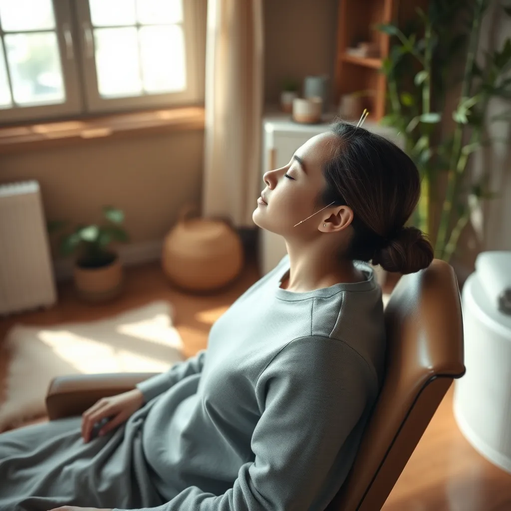 A serene image of a person sitting in a comfortable chair in a tranquil acupuncture clinic. The room is bathed in soft, warm light streaming in from a window. The patient has their eyes closed, seemingly relaxed and calm. Fine needles are inserted into their earlobes, emphasizing the gentle and minimally invasive nature of the treatment. The background features calming elements such as a wooden floor, soft blankets, and a bamboo plant, creating a peaceful ambiance. Capture the sense of serenity and tranquility using a wide-angle lens to emphasize the spaciousness of the room. Render the image in a high-resolution format, with a soft focus on the patient and a subtle blur on the background, creating a dreamy and peaceful effect. 