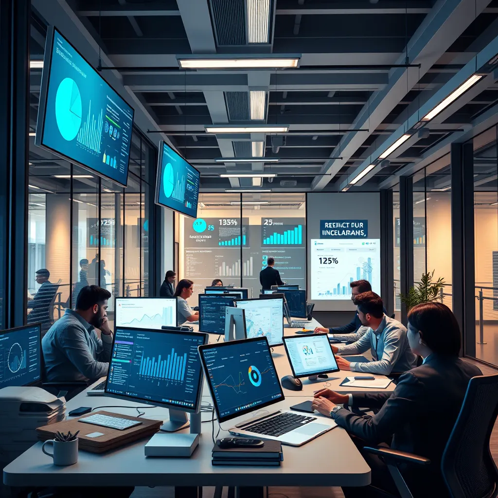 A sleek and modern office interior with employees using advanced software and technology, showcasing data visualizations, dashboards, and secure online platforms. The scene should depict a dynamic and innovative approach to accounting.