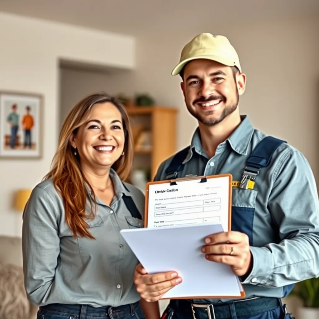 A smiling electrician in a uniform, standing next to a homeowner in their living room. The electrician is holding a clipboard with a quote on it, and the homeowner is looking at the quote with a pleased expression. The image should depict a friendly and approachable electrician, emphasizing affordability and transparency.