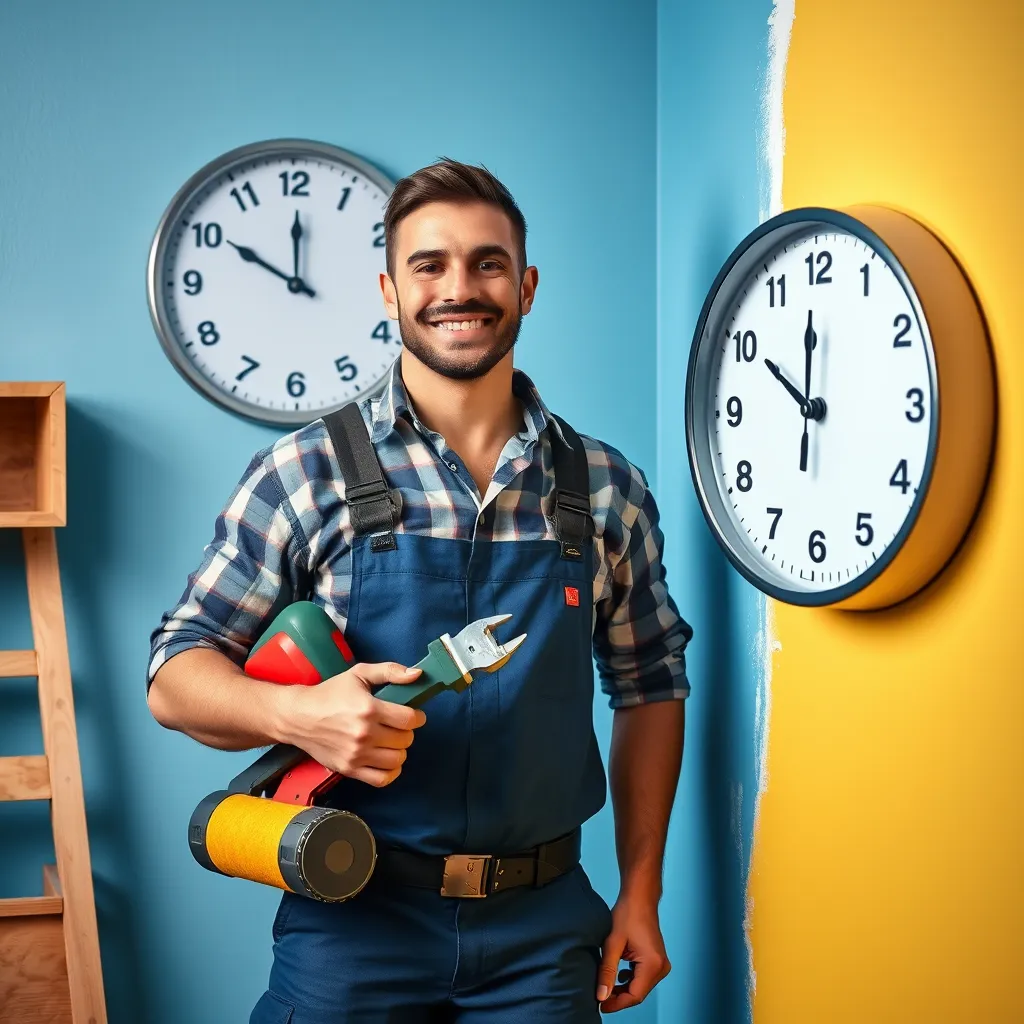A smiling handyman in a uniform, holding a toolkit and standing next to a freshly painted wall, with a clock in the background showing a time of 10:00 AM, implying a quick and efficient service.