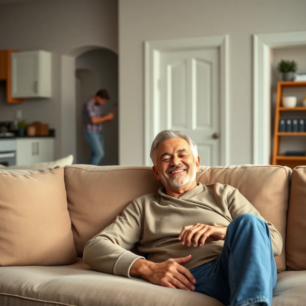 A smiling homeowner relaxing on a comfortable sofa in their living room, while a handyman works efficiently in the background, painting the walls. The scene should convey a sense of peace and satisfaction, emphasizing the homeowner's enjoyment of their renovated space.