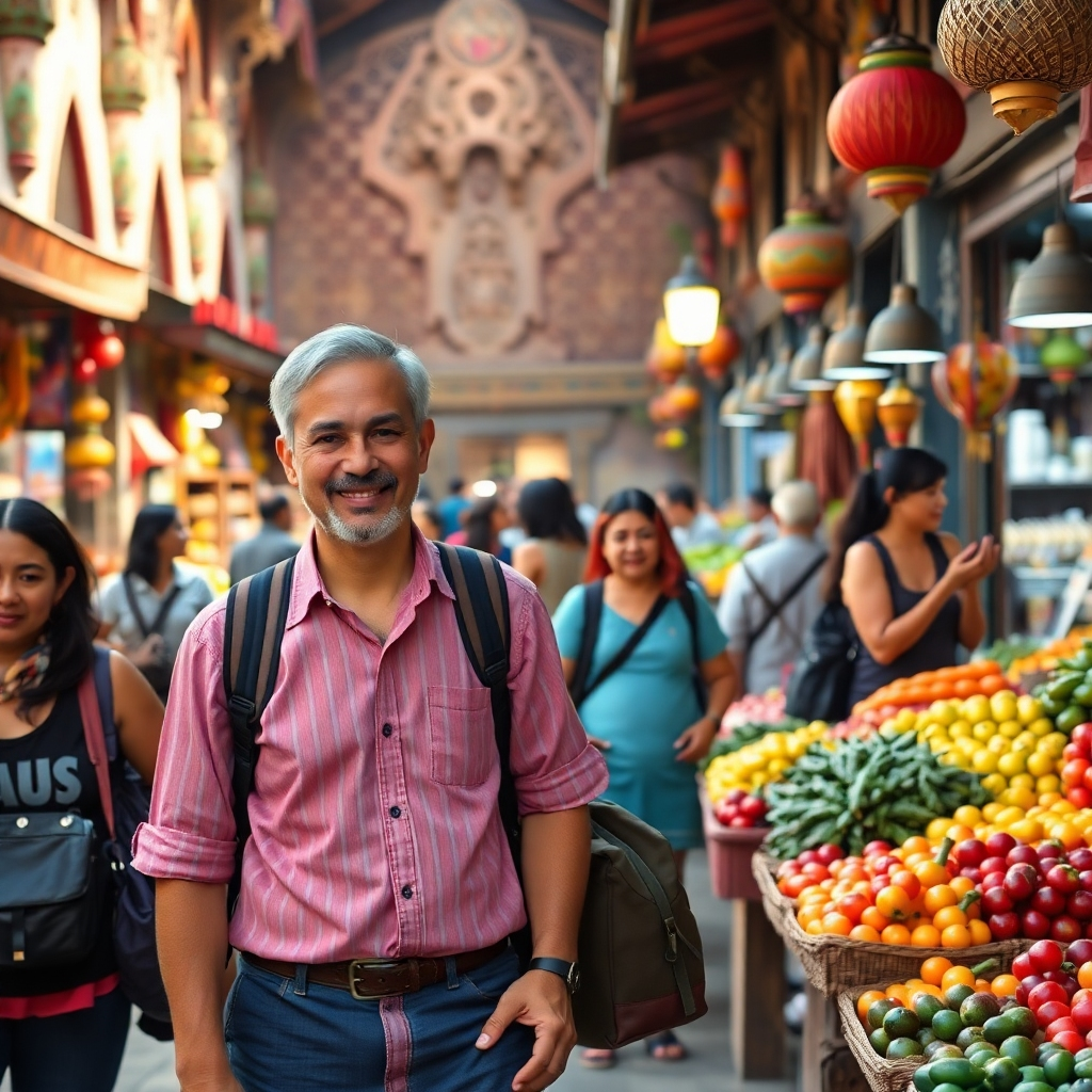 A smiling local guide leading a small group of tourists through a vibrant market filled with colorful fruits and vegetables. The bustling atmosphere is rich with local artistry, with intricate architecture in the background and people interacting, showcasing an authentic cultural experience.