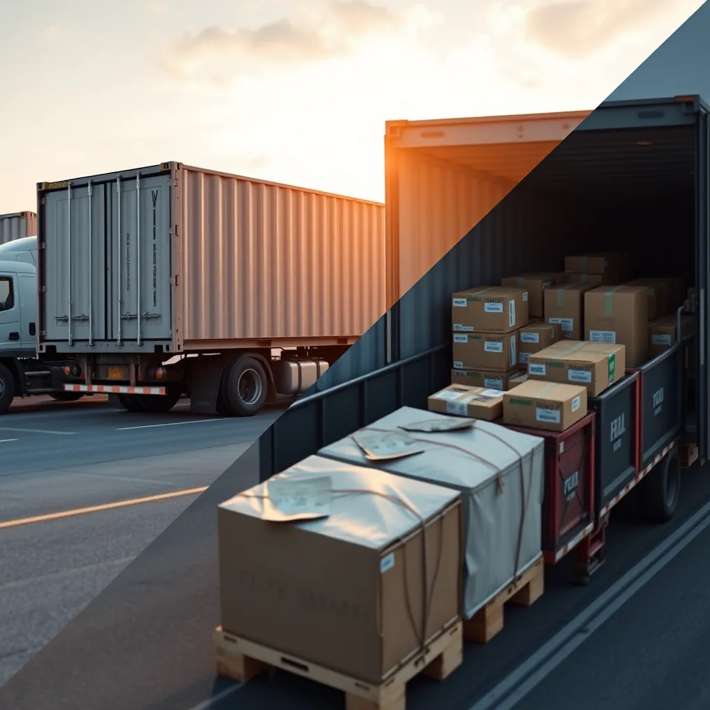 A split-screen image showing two scenes. On one side, a full truckload (FTL) shipment with a single large cargo container loaded onto a semi-trailer truck. On the other side, a less than truckload (LTL) shipment with smaller packages and boxes being loaded onto a truck along with other cargo.