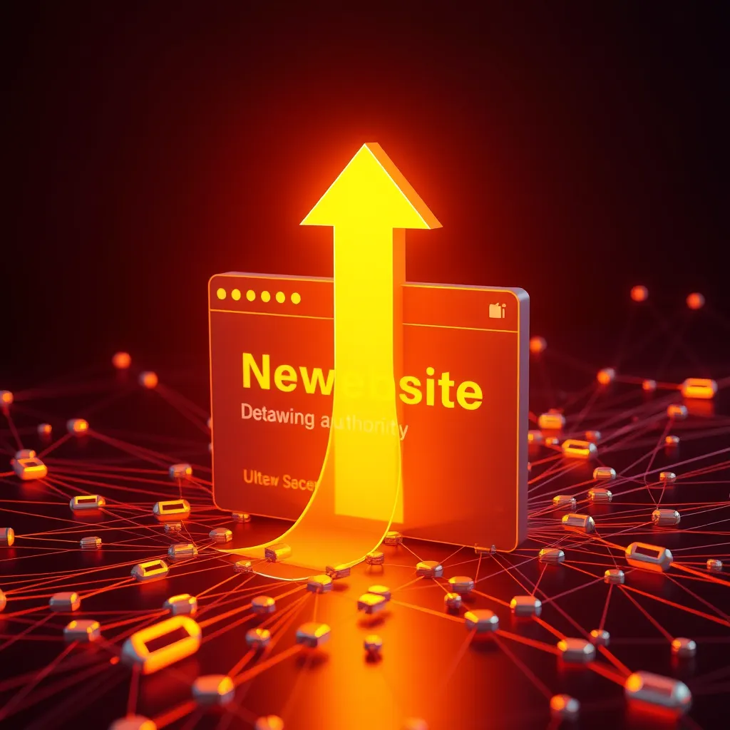 A stylized illustration of a website with a large, glowing arrow pointing upwards from its domain authority score, surrounded by a network of connecting lines representing backlinks from other websites.