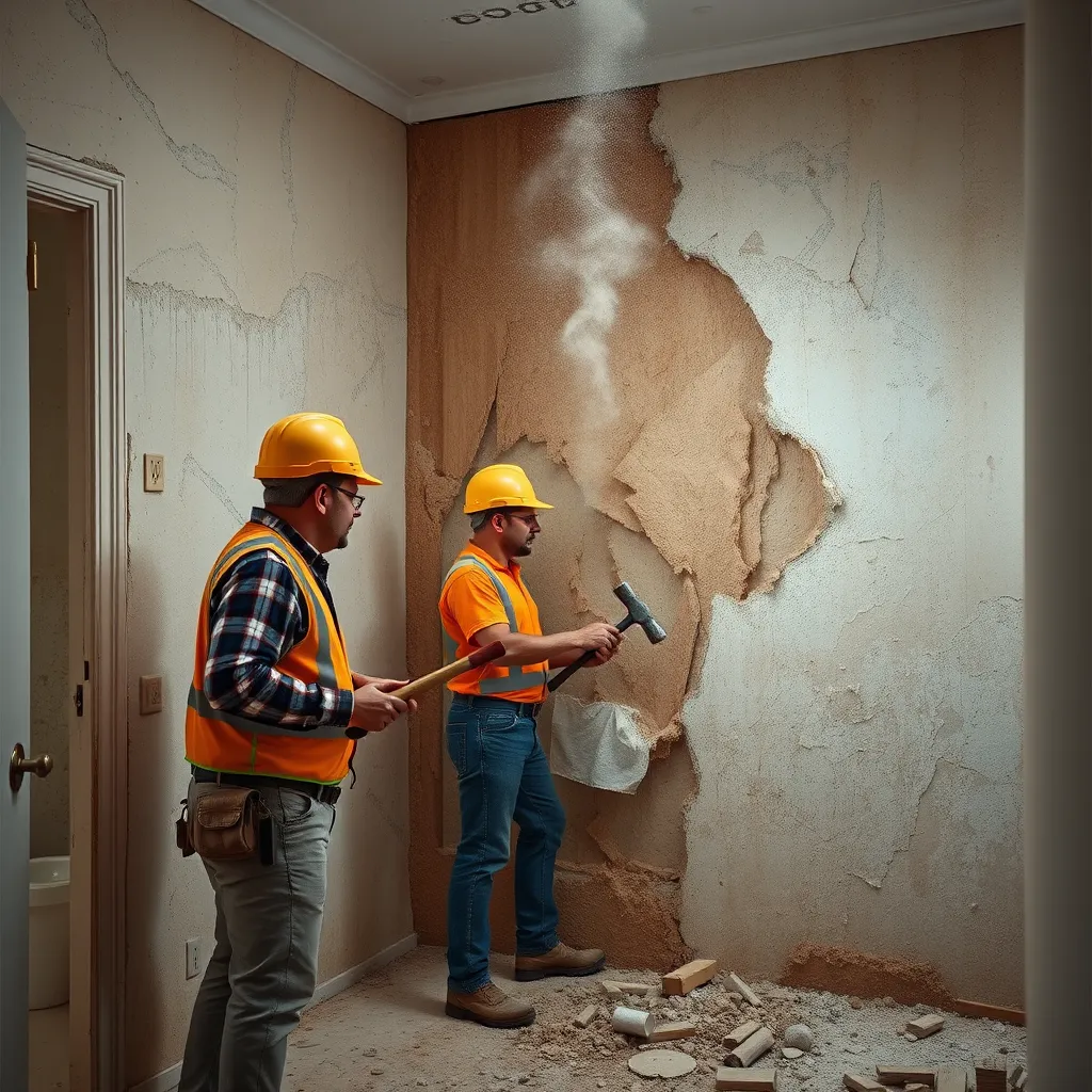 A team of construction workers in hard hats and work clothes are carefully removing old drywall and stucco from a room.  There is dust in the air, and they are using tools like crowbars and hammers to break it down.  The image should be taken from a close-up perspective and show detail of the removal process.