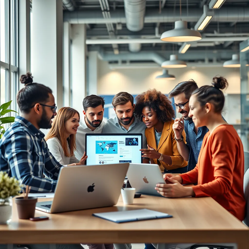 A team of diverse individuals, including designers and developers, collaborating on a website project in a bright and modern office. They are working on laptops, using design software, and discussing ideas. The image should convey a sense of creativity and teamwork.