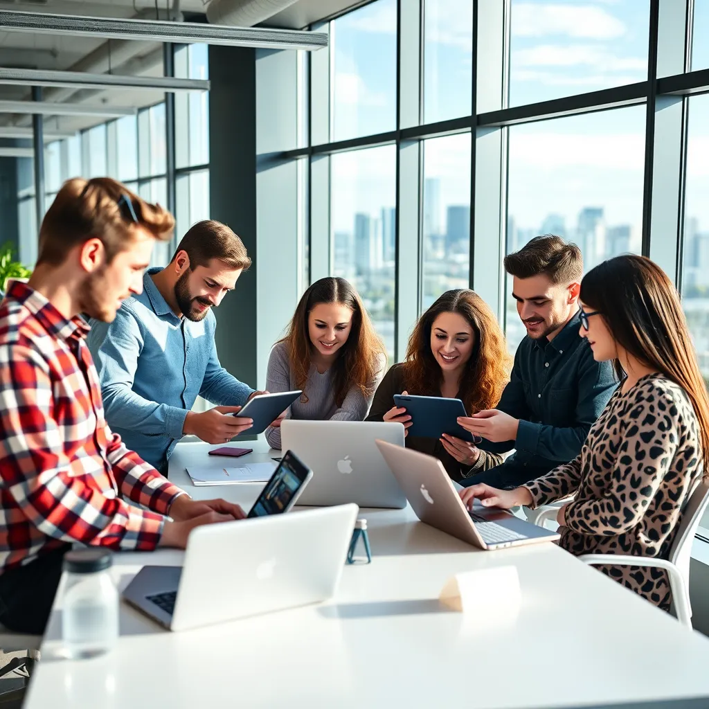 A team of diverse web designers and developers collaborating in a modern, bright office space in Edmonton, Alberta. They are using laptops and tablets, showcasing their expertise and creativity. There are large windows with a view of the city skyline, highlighting the local focus.