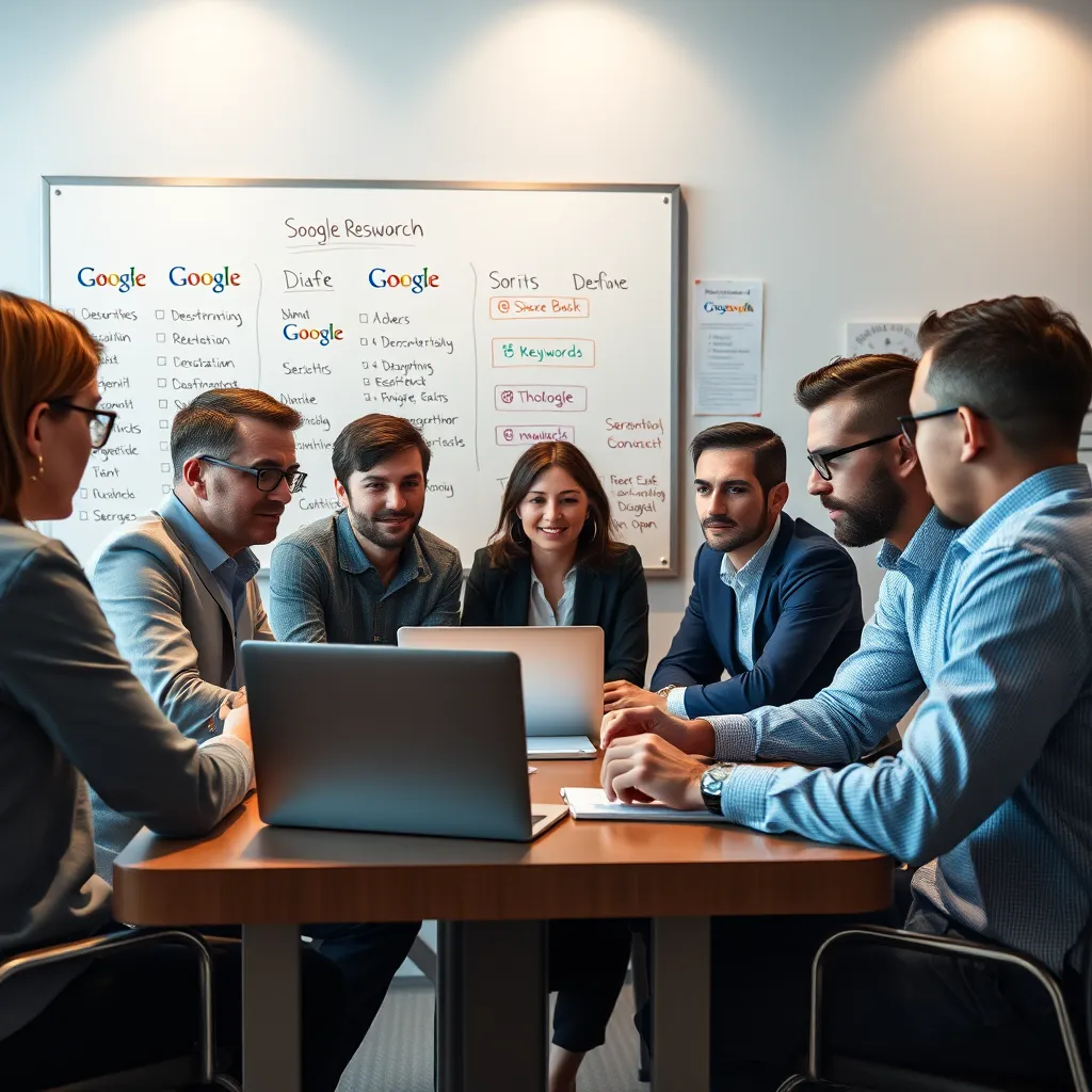 A team of professionals sitting around a table, analyzing data on a laptop and whiteboard, with keywords and website logos displayed. The atmosphere should be focused and collaborative, representing the research and targeting process.