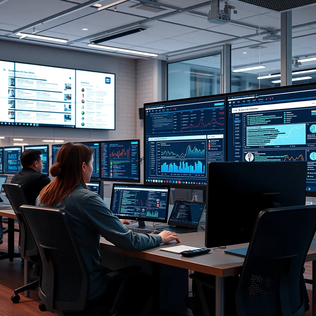 A team of professionals working on computers, analyzing data and graphs. The background should depict a modern office setting with large screens displaying search engine results pages (SERPs).