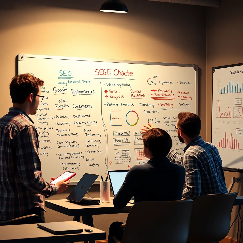 A team of SEO experts working together in a collaborative environment. They are using a whiteboard to brainstorm ideas and discuss strategies to adapt to the latest Google algorithm updates. The whiteboard is filled with keywords, backlinks, and data analytics related to SEO.