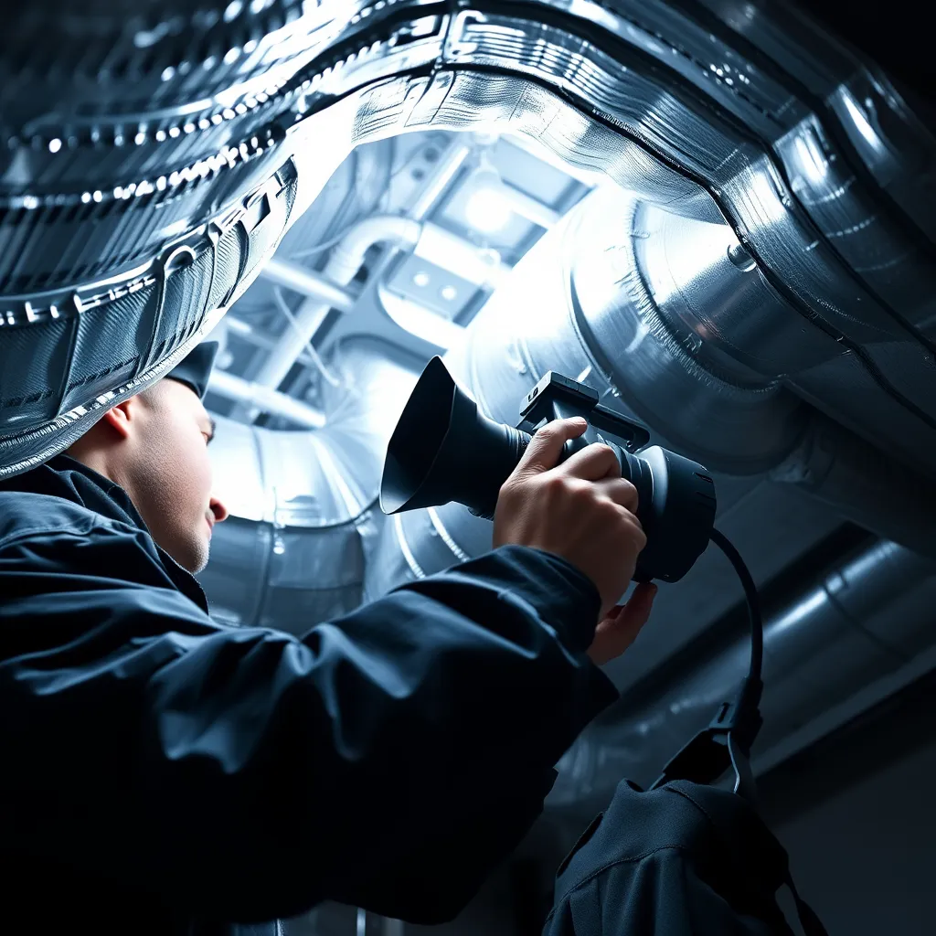 A technician inspecting air ducts with a high-powered camera, showcasing a clean and efficient HVAC system. The image should focus on the intricate details of the air duct system and the professional tools used for inspection and cleaning. 