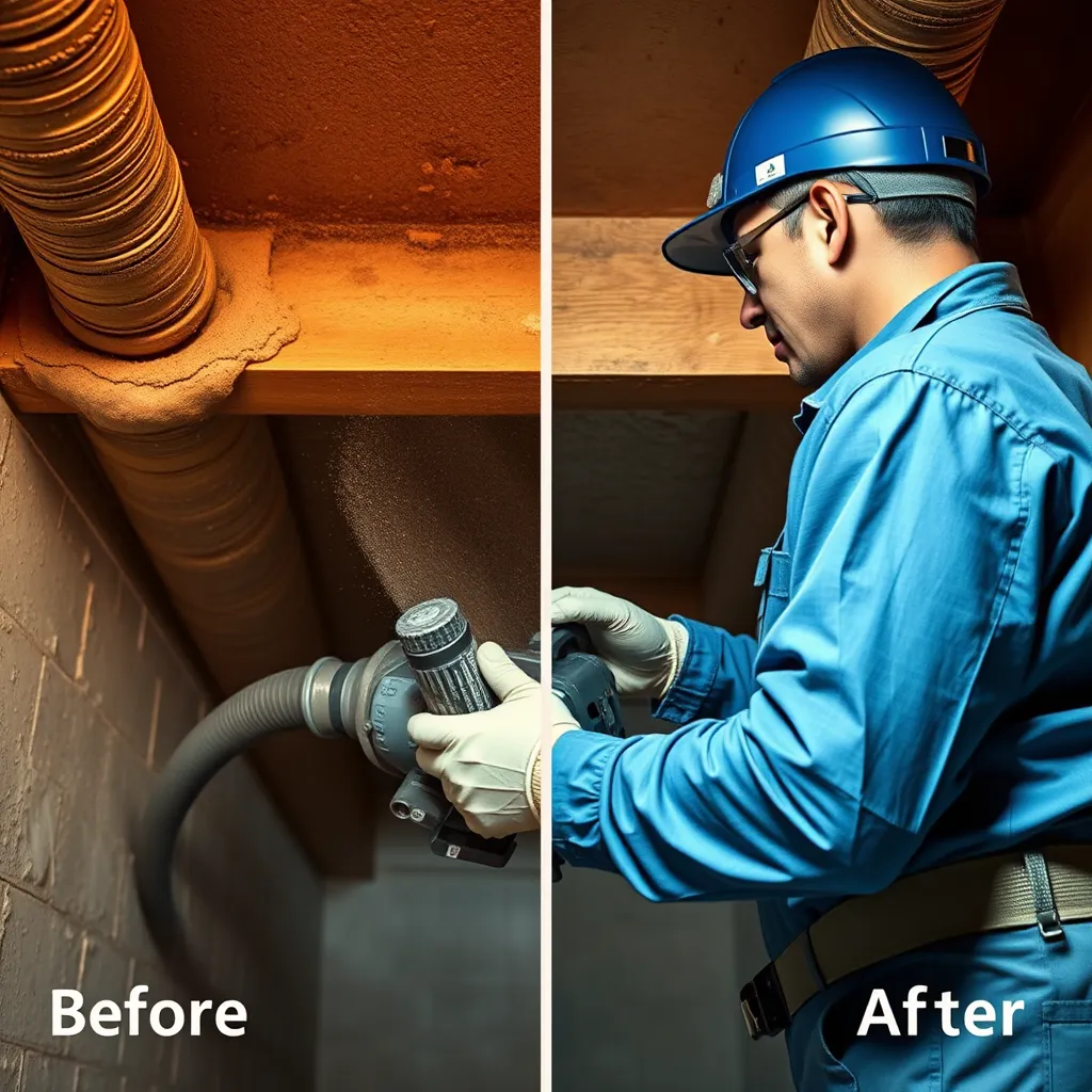  A technician is using a specialized vacuum cleaner to clean a ductwork system. The ductwork is visible and clearly shows before and after cleaning results. The image should highlight the cleanliness of the ductwork after cleaning, emphasizing the removal of dust and debris.