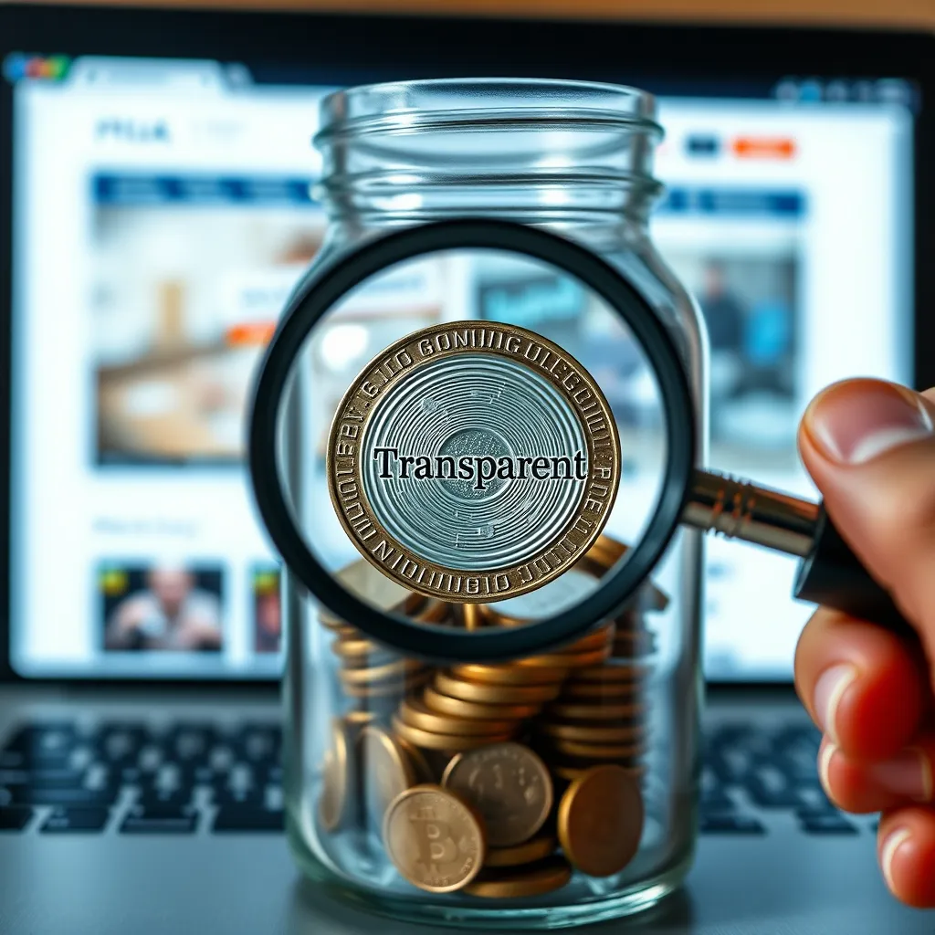 A transparent glass jar filled with coins, with a hand holding a magnifying glass over the jar, focusing on a coin with the word 'Transparent' on it. The background is a blurred image of a website design on a computer screen.