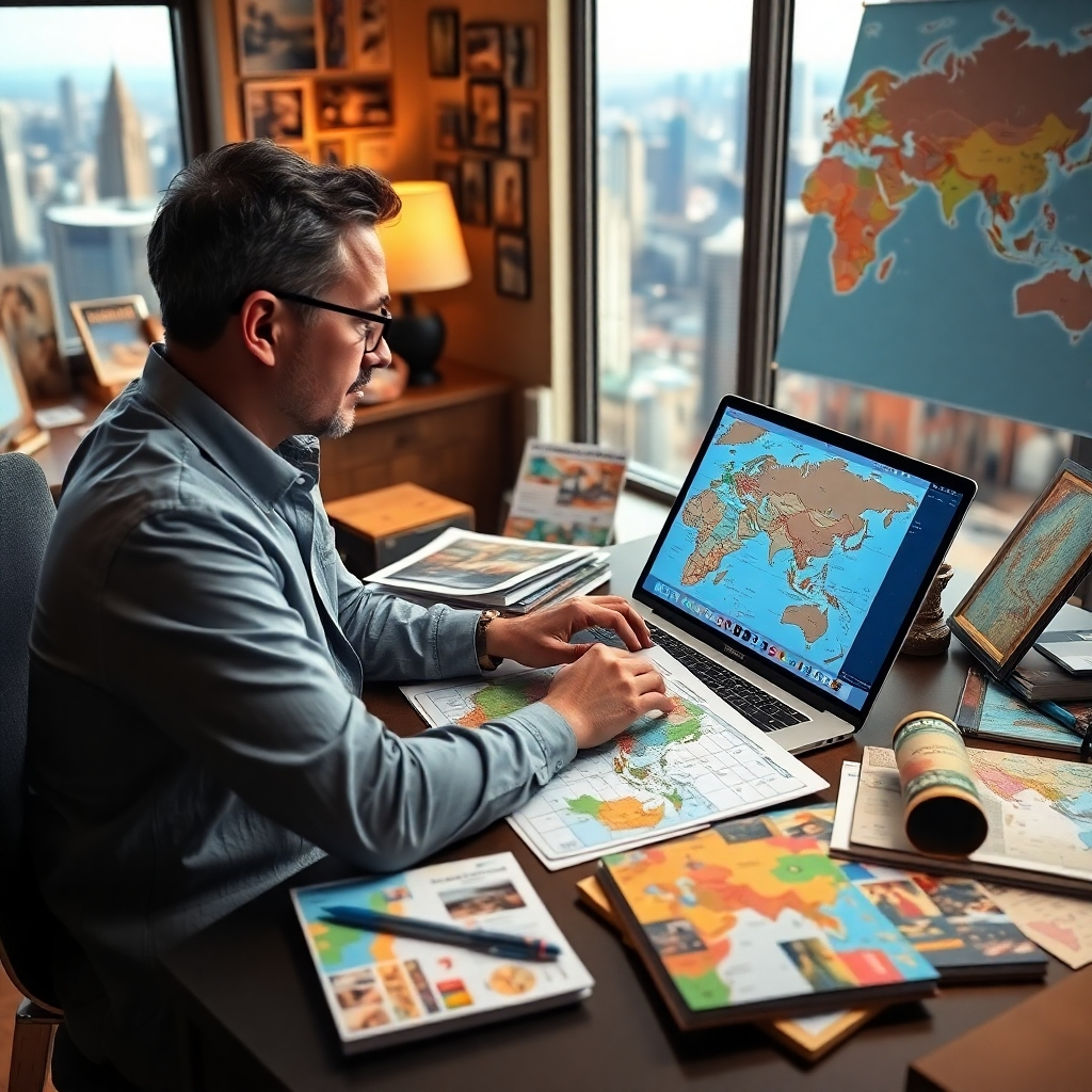 A travel advisor sitting at a desk, reviewing a detailed, colorful travel itinerary on a laptop. Various travel brochures are scattered around, along with a world map covered in pins. The background depicts a cozy office filled with travel memorabilia, with a large window showing a view of a bustling city.