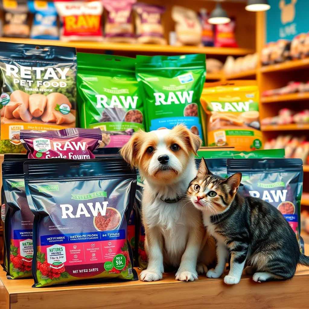 A vibrant, colorful display of various raw pet food packages, with different protein sources, like chicken, beef, and fish. The display should be organized and appealing, highlighting the natural ingredients and freshness of the products. A dog and a cat could be interacting with the display, looking curious and playful. The background should be a warm, inviting pet store interior.