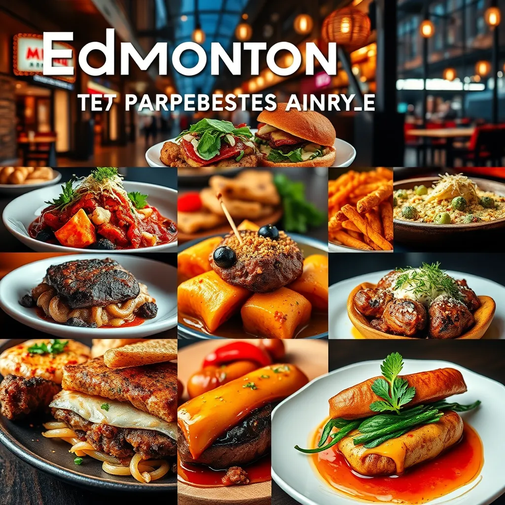 A vibrant, photorealistic 8K image showcasing a diverse selection of Edmonton's best restaurants. The composition features a collage-style arrangement with close-up shots of mouthwatering dishes from each restaurant. Each dish is presented with artistic flair, highlighting its textures and colors. The lighting should be warm and inviting, reminiscent of a cozy dining experience. Incorporate subtle background elements that evoke the unique atmosphere of each restaurant, such as bustling city streets, elegant dining rooms, or casual patio settings.  Focus on capturing the essence of Edmonton's culinary scene, emphasizing the diversity of cuisines and the high quality of ingredients. The overall style should be modern and stylish, reflecting the vibrancy of Edmonton's food scene.