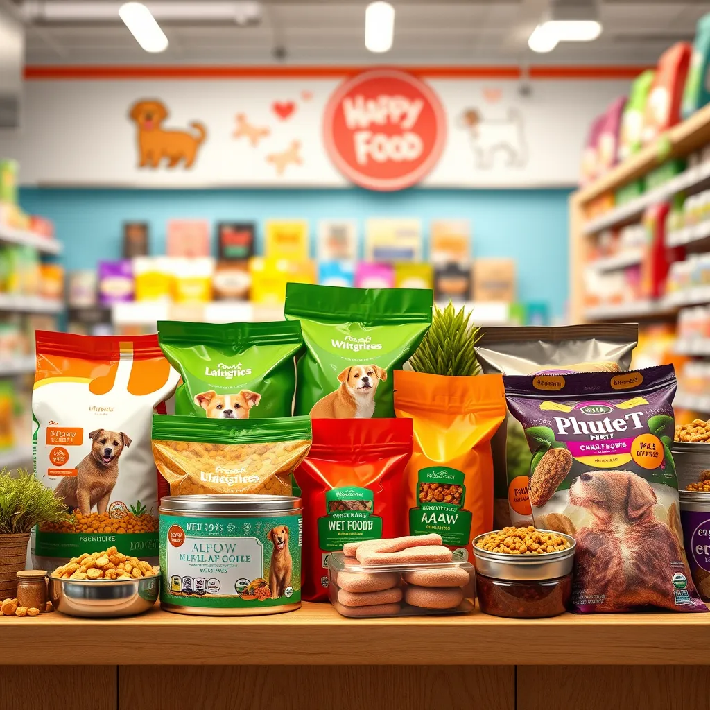 A vibrant and colorful display of various pet food options, including kibble, wet food, and raw food, arranged on a shelf with a backdrop of a cheerful pet store environment. Emphasize the freshness and natural ingredients of the products.