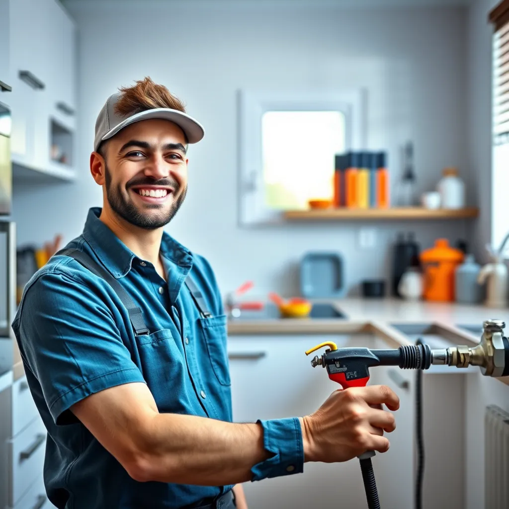A vibrant image depicting a friendly handyman working on a plumbing project in a modern kitchen, with tools neatly organized and a cheerful smile on his face. The background should be clean and organized, reflecting the efficiency and professionalism of the service. The image should convey a sense of trust and reliability.