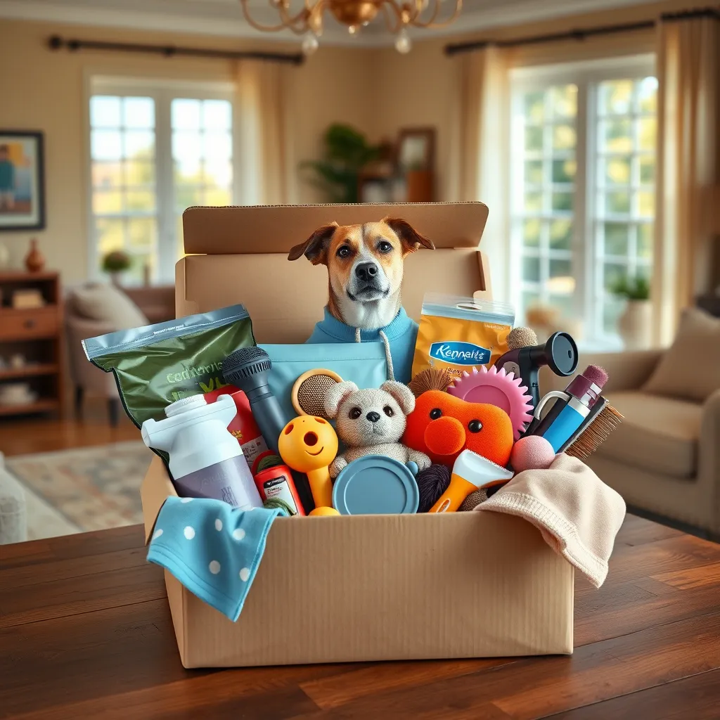 A vibrant image showcasing a diverse array of pet products, including dog food, cat toys, grooming tools, and pet apparel, neatly arranged inside a delivery box. The box is situated on a wooden table with a warm, inviting background featuring a sunny living room interior.