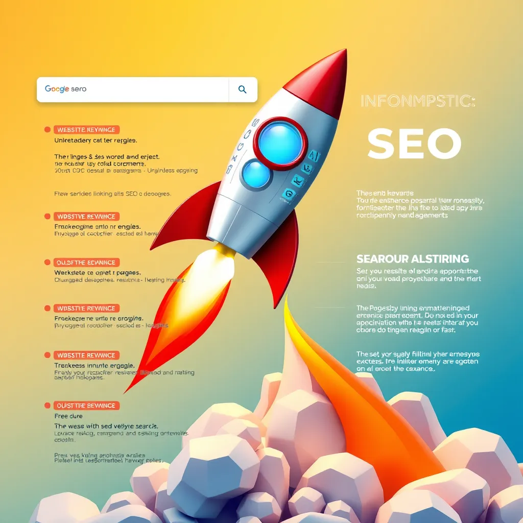 A vibrant infographic illustrating the concept of SEO. The infographic features a website being propelled upwards by a rocket, symbolizing increased website ranking.  The rocket is adorned with keywords and phrases, representing search engine optimization strategies. The background features a stylized representation of a search engine results page (SERP), showcasing the website's prominent placement on the first page. The image is rendered in a high-resolution style, with a bold color palette and a dynamic composition, emphasizing the power of SEO.