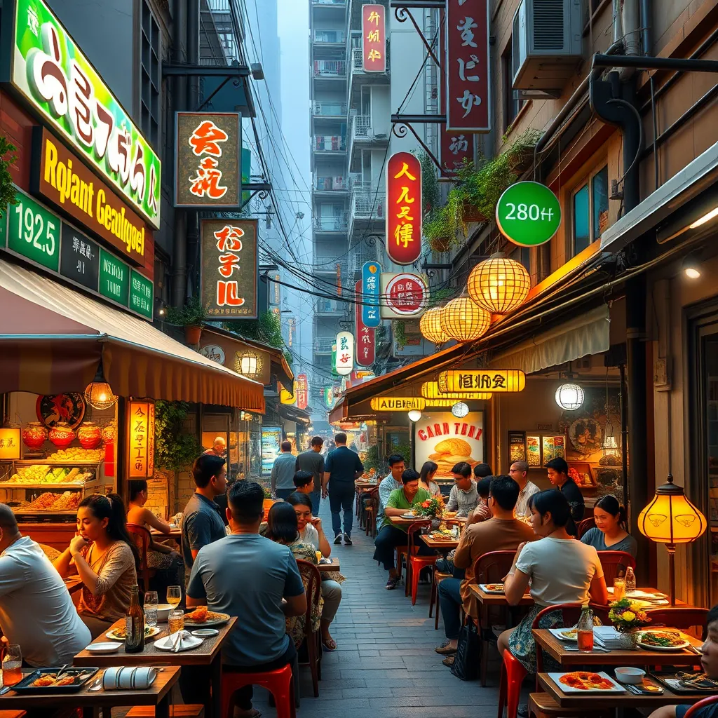 A vibrant street scene with a variety of restaurants showcasing different cuisines. A colorful mosaic of people enjoying meals outdoors, with authentic dishes and decorations representing various cultures.