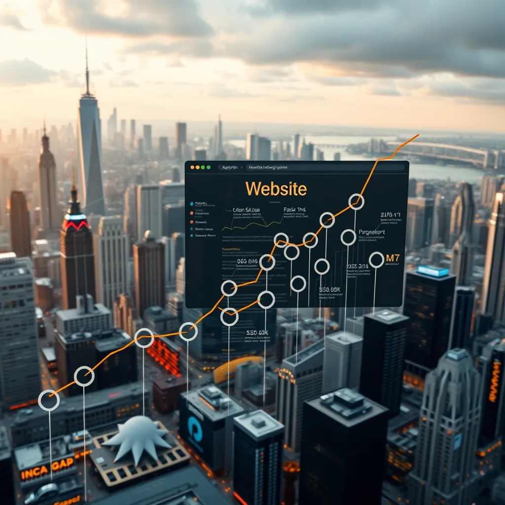 A visually appealing infographic showing a website with a growing number of backlinks connecting to it from various websites. The infographic should be set against a backdrop of a bustling city skyline, symbolizing widespread reach.