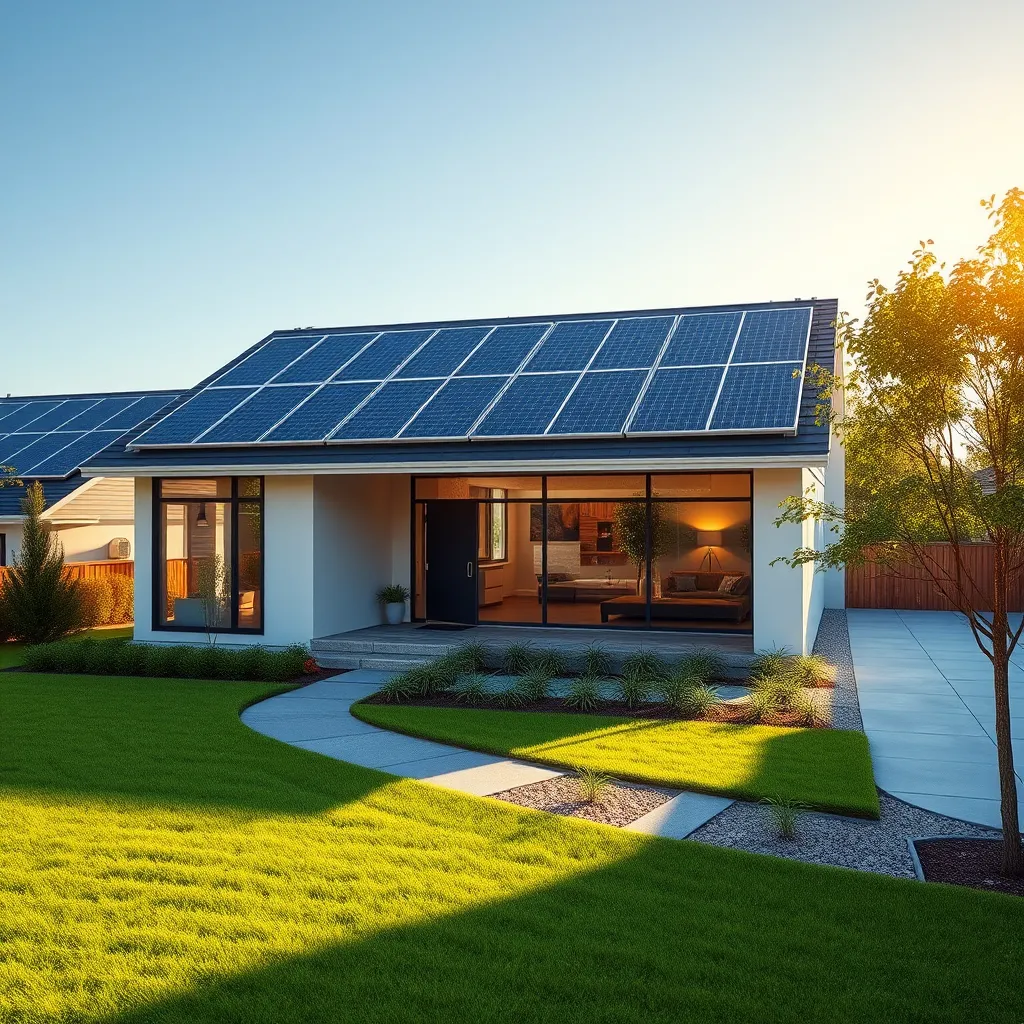A visually stunning, photorealistic image capturing the installation of solar panels on a modern suburban house with a vibrant green lawn. The image should be taken from a medium distance, showcasing the entire house and the solar panel array on the roof.  The panels should be seamlessly integrated into the roofline, with clean lines and a modern aesthetic. The sunlight should be warm and inviting, illuminating the panels with a soft, golden glow. The composition should evoke a sense of energy efficiency and environmental consciousness, with lush greenery and a blue sky in the background. The image should be highly detailed, with realistic textures for the panels, roofing, and landscaping. Rendered in 8K resolution, the image should have a clean, minimalist style, reminiscent of a high-end architectural photography.