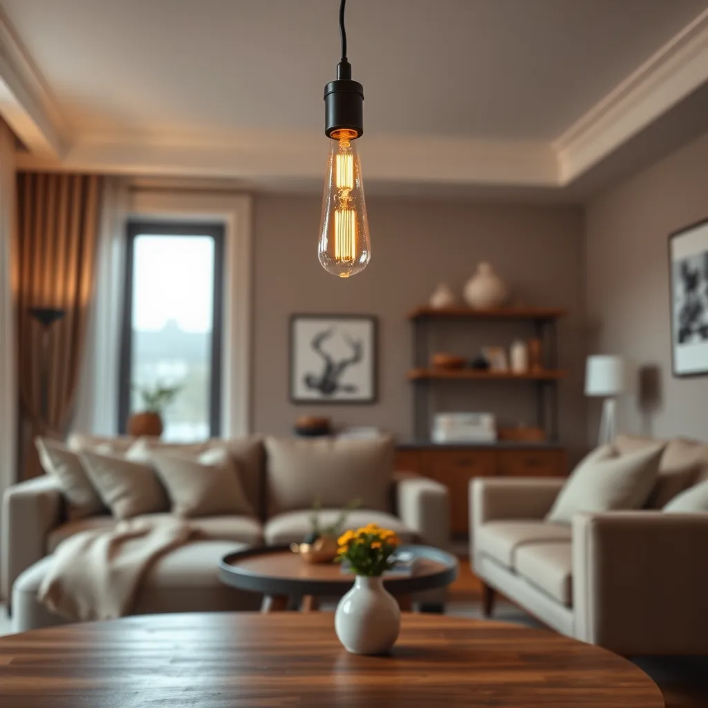 A warm and inviting living room setting with a newly installed pendant light fixture hanging over a coffee table. The fixture has a modern, minimalist design with exposed Edison bulbs, casting a soft, warm glow on the surrounding furniture and objects. The room is decorated in a neutral color palette with pops of color from throw pillows and artwork. The image should focus on the pendant light fixture and its impact on the ambiance of the room. The lighting should be soft and diffused, creating a cozy and inviting atmosphere. The image should be captured from a low angle, giving the viewer a perspective from the level of the coffee table. The overall mood should be one of comfort, warmth, and relaxation. The image should be hyperrealistic, with ultra-detailed textures and reflections, including the glass of the light bulbs, the fabric of the furniture, and the wooden floor. The background should be blurred, drawing attention to the pendant light fixture and its effects on the room.  The image should be in the style of a lifestyle photography, capturing a moment of everyday life.
