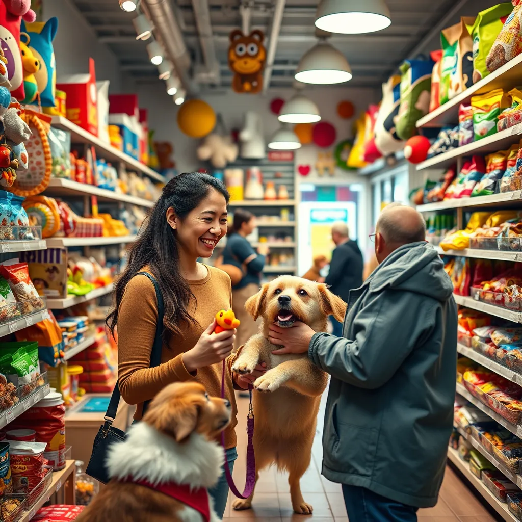 A warm and inviting pet store interior with colorful pet toys, food, and accessories neatly displayed on shelves. A friendly woman with a warm smile is helping a customer choose a toy for their dog. The store is bustling with activity, with various pets and their owners browsing and interacting with staff. The overall atmosphere is cheerful and welcoming, highlighting the love for animals.