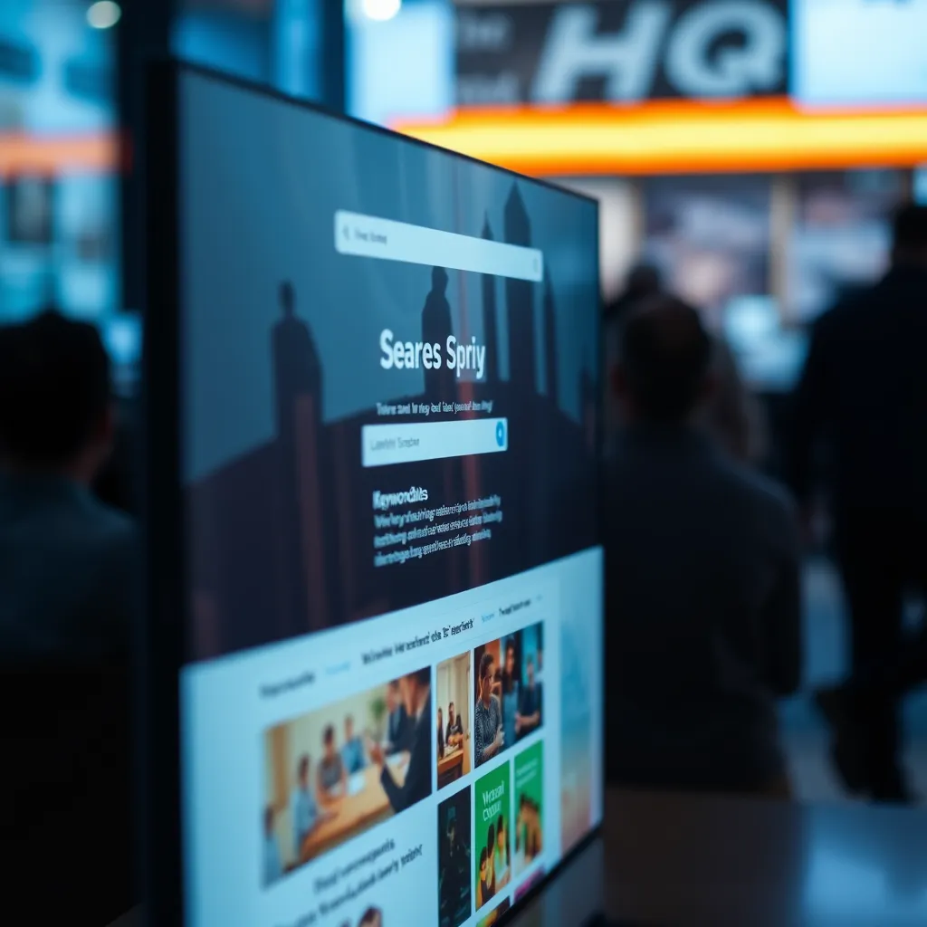 A website design being optimized for search engines. The image depicts a digital screen showcasing a website layout with a focus on keywords and SEO elements. The background highlights the user experience, with visuals of people browsing and interacting with the website.