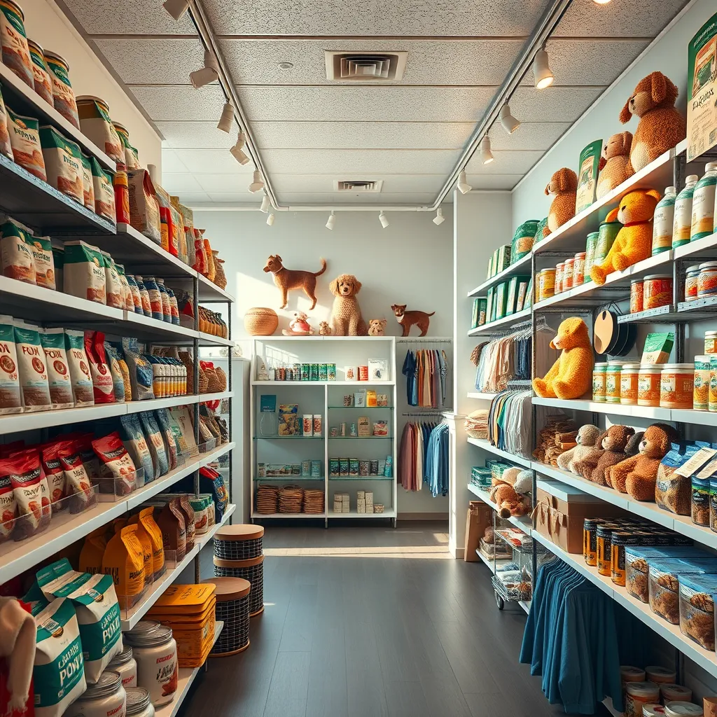 A well-lit, inviting interior shot of a pet store with organized shelves showcasing a variety of pet products. The focus should be on high-quality, unique items, such as raw food, natural toys, and stylish apparel. The image should convey a sense of organization and care.