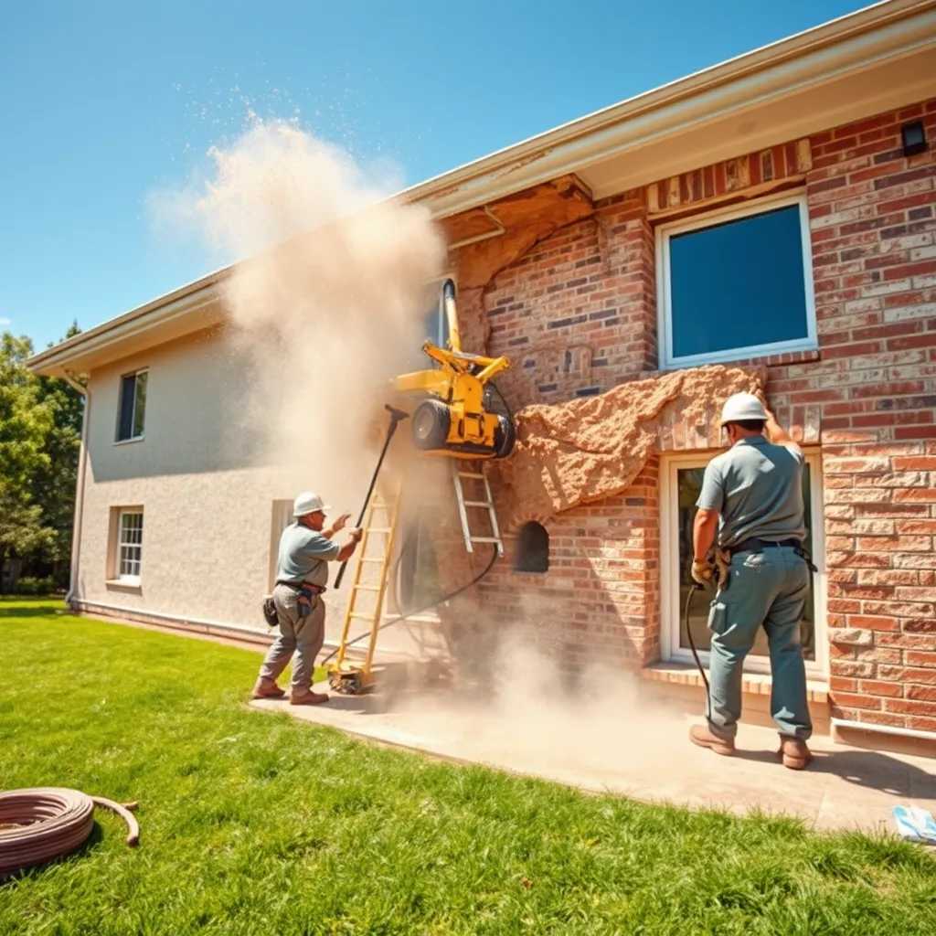 A wide-angle shot of a building undergoing stucco removal. Capture the process with a sense of action and movement. The workers are using specialized equipment and tools to remove the stucco, with dust and debris flying in the air. The image should be composed in a dynamic manner, showcasing the scale and scope of the project.  A bright, sunny day provides natural lighting, emphasizing the contrasting colors of the old stucco and the freshly exposed brick underneath.  The background should include a lush green lawn and a clear blue sky, creating a positive and vibrant mood. Render the image in a photorealistic style, focusing on the intricate details of the stucco and the texture of the building materials. The image should convey the professional and efficient nature of the stucco removal process.