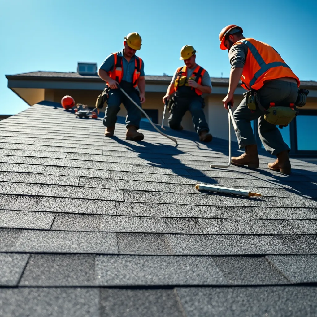 A wide-angle shot of a team of roofers working on a new roof installation on a modern house. The roof is made of dark asphalt shingles with a slight sheen. The roofers are wearing safety gear and using specialized tools. The lighting is bright and sunny, with a blue sky in the background. The image should have a realistic, detailed texture and material representation, with a sharp focus on the roofers, the roof, and the tools. Rendered in 8K resolution with hyperrealistic detail.