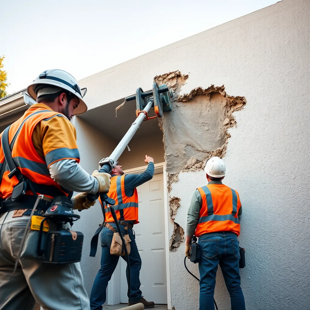 A wide-angle view of a professional crew working on a home renovation project. Two workers use specialized equipment to remove a large section of stucco from an exterior wall. The crew is wearing safety gear and working with precision, highlighting the organized and efficient nature of the process.