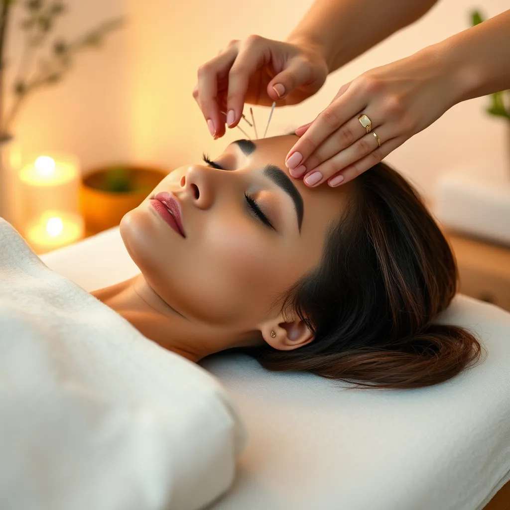 A woman lying comfortably on a massage table, eyes closed, receiving acupuncture treatment on her forehead. The image should convey a sense of tranquility and peace. The background should be a calming spa-like setting with soft lighting, serene music, and natural elements.