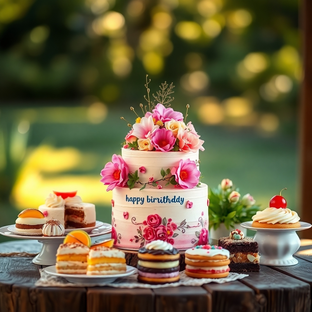 An artistic styling of a beautifully decorated custom cake alongside various unique desserts, displayed on a rustic table setting. The cake is adorned with fresh flowers and intricate decorations, while the desserts are elegantly arranged around it. The lighting is soft and warm, creating an inviting atmosphere that enhances the vibrant colors of the treats. A sunny background with subtle bokeh highlights the essence of celebration. Capture this in a high-quality, photorealistic style.