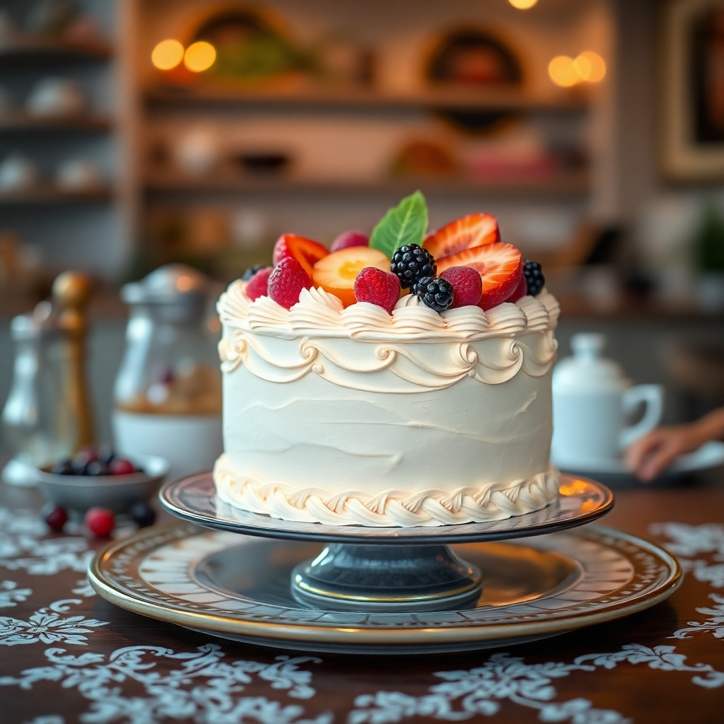 An elegant still-life image of a custom cake displayed on a finely arranged table, with delicate decorations and artistic flair. The background offers a soft, blurred cafe atmosphere, with hints of bakery items. The cake itself is laced with fresh fruit and intricate icing patterns, capturing a high level of detail. Warm light enhances the texture and colors, making the cake’s appeal irresistible. Aim for a 4K resolution that showcases the sophistication of Sweet Sweets' creations.