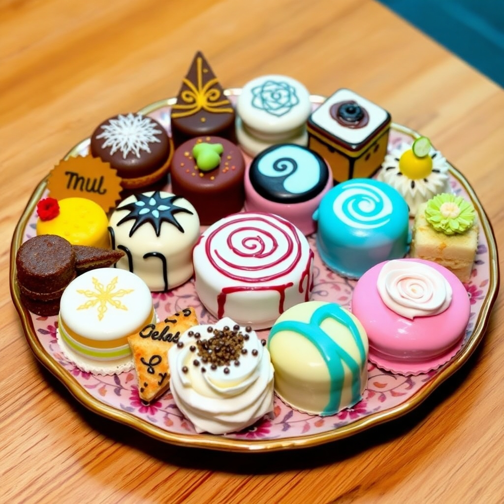 An enticing assortment of unique desserts artfully arranged on a decorative platter. Each dessert is visually distinct, showcasing diverse styles, colors, and textures. Use bright, vibrant lighting to enhance the visual appeal and capture the intricate designs on the desserts. Capture the essence of creativity and individuality that defines 'Secret Sweets' unique offerings, ensuring the image is in high quality and engaging.